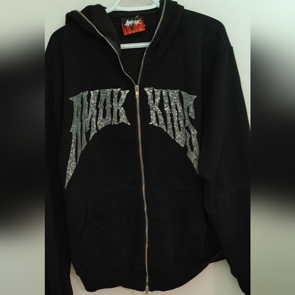 Amok kidz full zip up rhinestone hoodie new size large